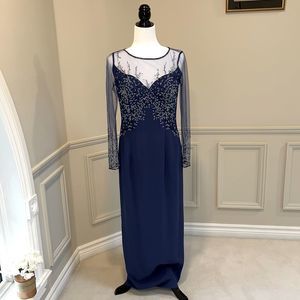 Cameron Blake by Mon Cheri Blue Gown with Sheer Sleeves- Size 8 P